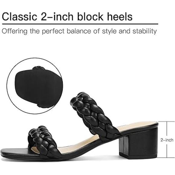 Dobolin Womens Size 7.5 Black Braided 2-Strap Open Toe 2" Chunky Heels Sandals - Picture 2 of 7